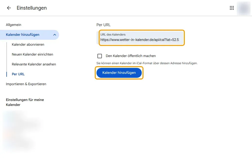 Google Kalender: Einstellungen „Per URL“ mit dem Feld „URL des Kalenders“ und dem Knopf „Kalender hinzufügen“