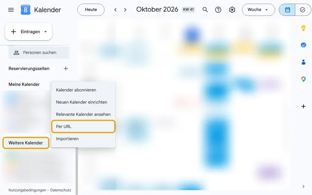 Google Kalender: Menü neben „Weitere Kalender“ mit dem Eintrag „Per URL“