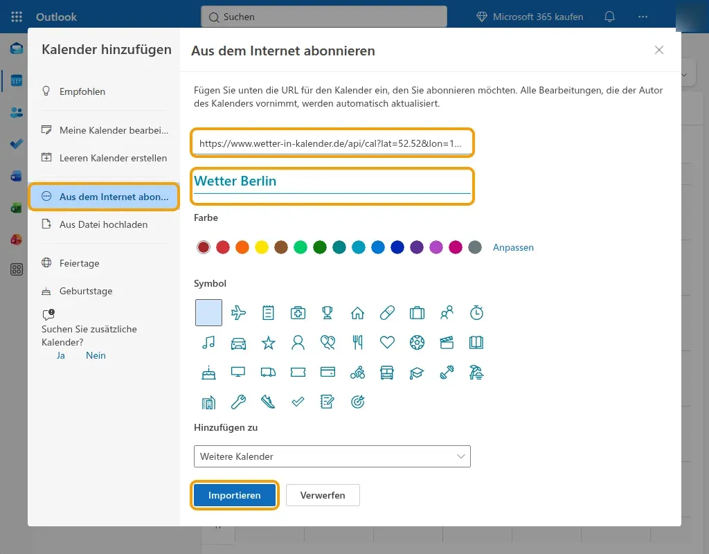 Outlook im Web: Fenster „Aus dem Internet abonnieren“ mit Link, Kalendername und dem Knopf „Importieren“