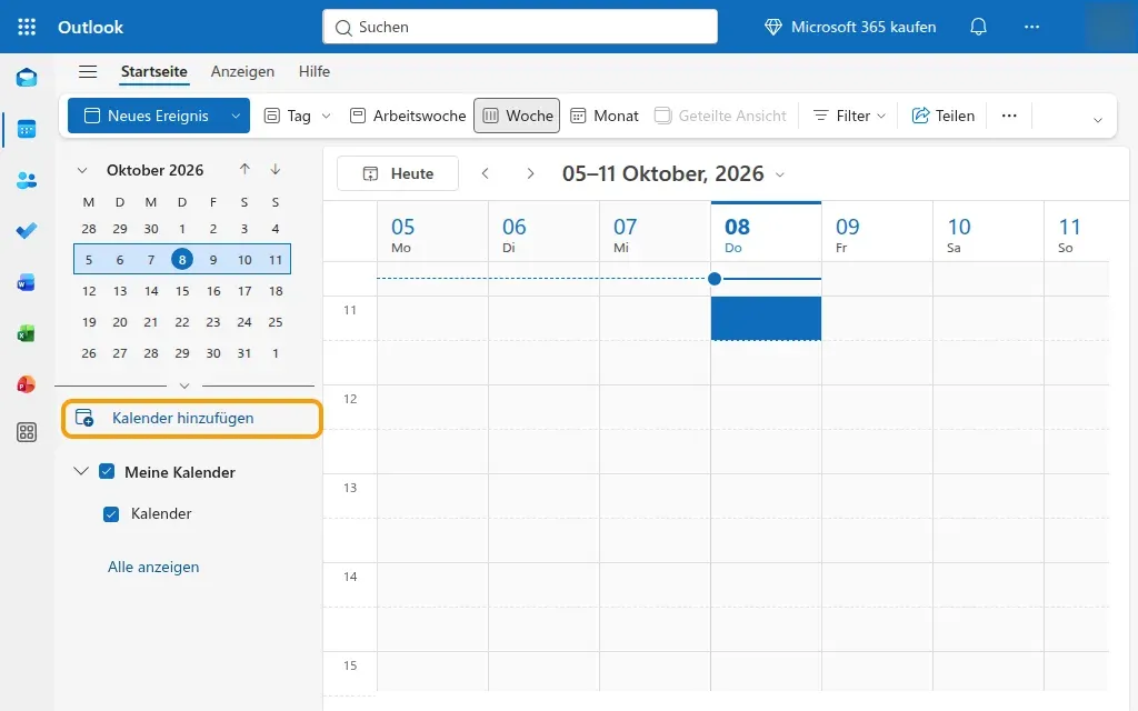 Outlook im Web: Kalenderansicht, links ist „Kalender hinzufügen“ markiert