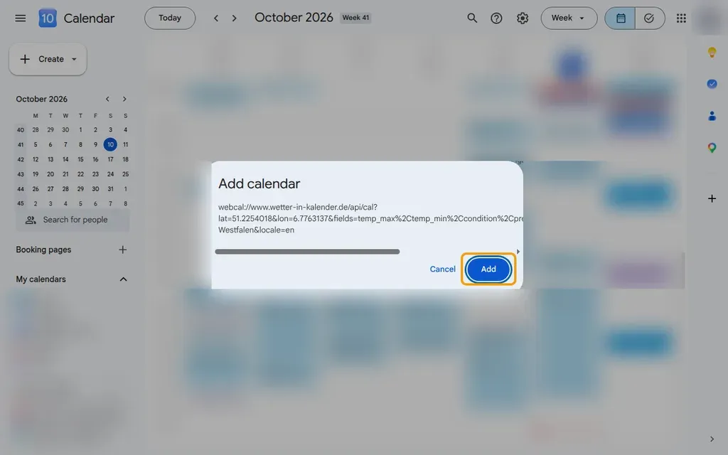 Google Calendar: the “Add calendar” window with the weather link, the “Add” button is highlighted