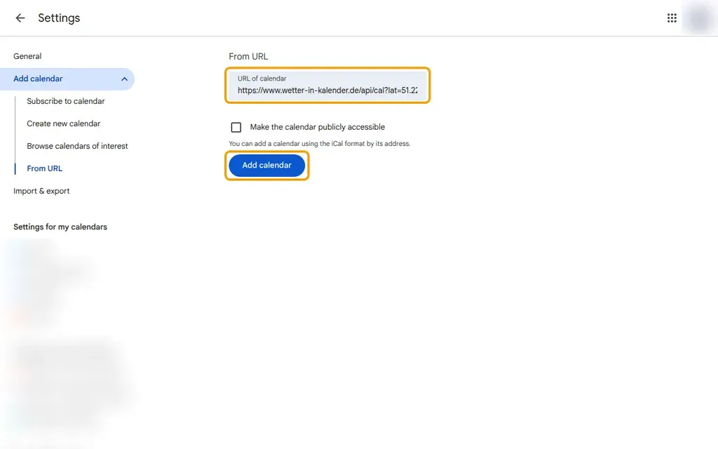 Google Calendar settings “From URL” with the field “URL of calendar” and the “Add calendar” button
