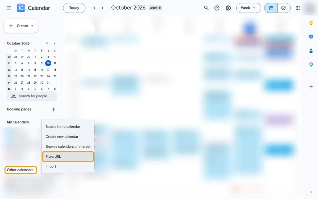 Google Calendar: the menu next to “Other calendars” with the item “From URL”