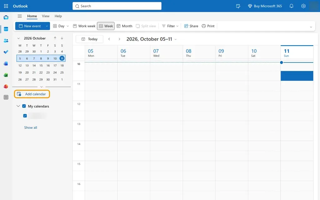 Outlook on the web: calendar view, “Add calendar” on the left is highlighted