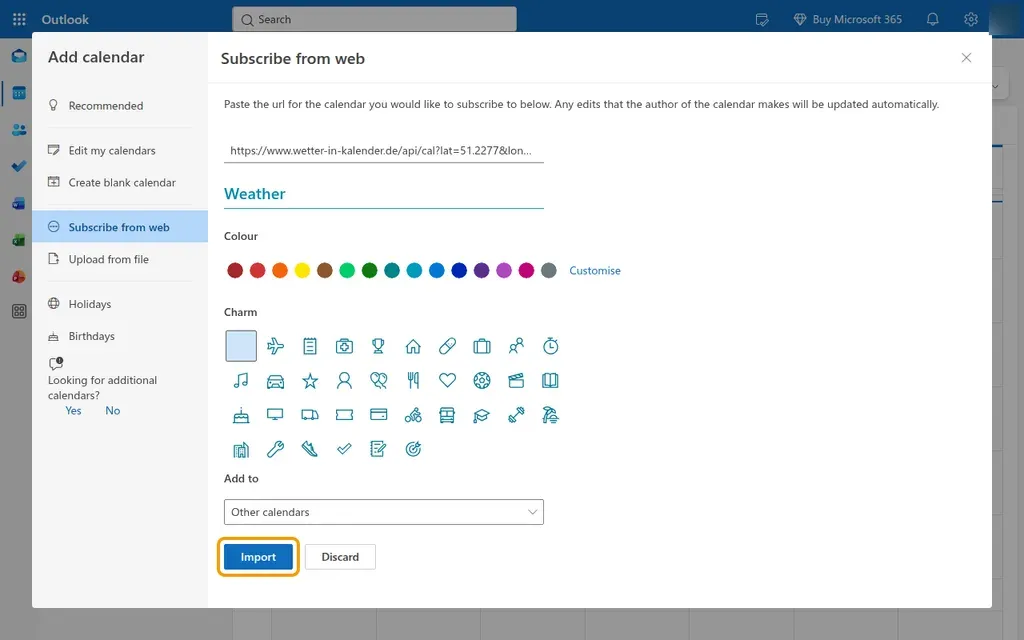 Outlook on the web: the “Subscribe from web” window with link, calendar name and the “Import” button
